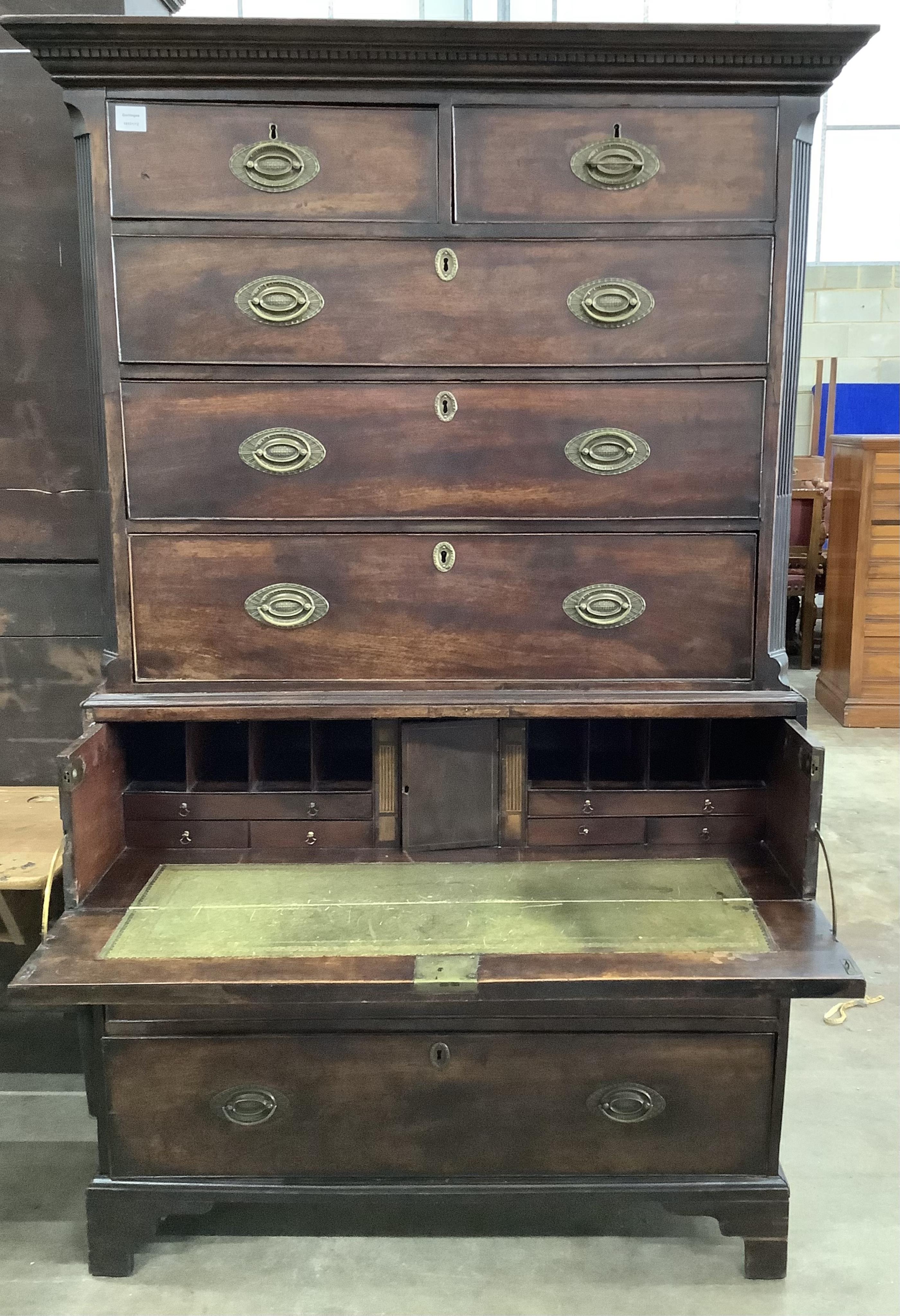 A George III mahogany secretaire chest on chest, width 117cm, depth 56cm, height 188cm